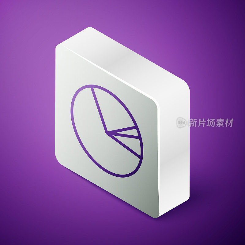 Isometric line Pie chart infographic icon isolated on purple background. Diagram chart sign. Silver square button. Vector Illustration